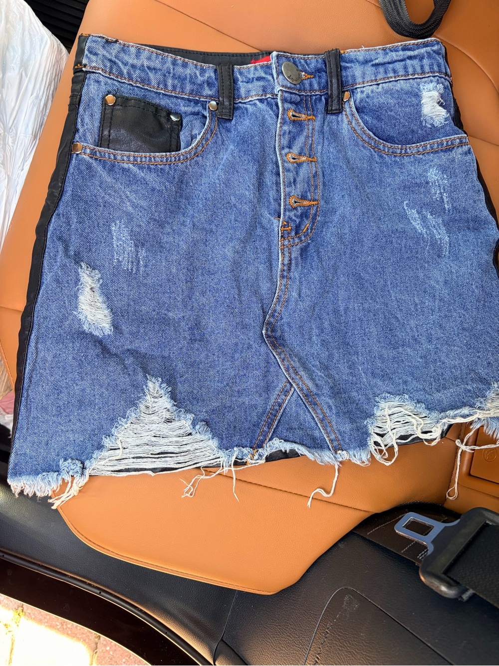 Distressed Blue Denim/ faux leather Women's Shorts Skirt size small